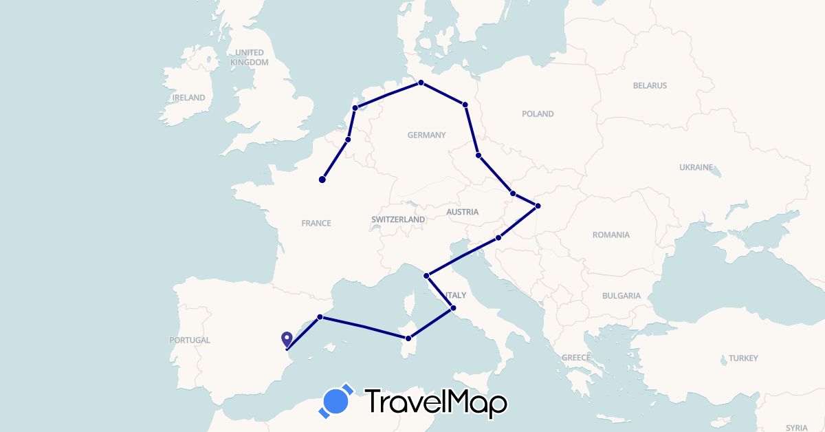 TravelMap itinerary: driving in Belgium, Czech Republic, Germany, Spain, France, Croatia, Hungary, Italy, Netherlands, Slovakia (Europe)